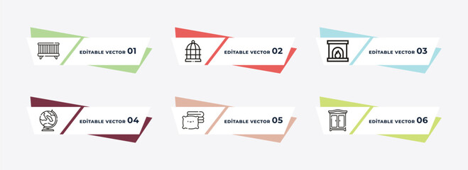 crib, bird cage, fireplace, globe, linens, furniture outline icons. editable vector from furniture & household concept.