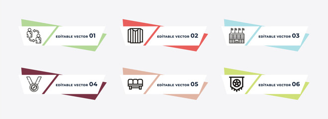 player, referee jersey, stadium, medals, seats, pennant outline icons. editable vector from football concept.