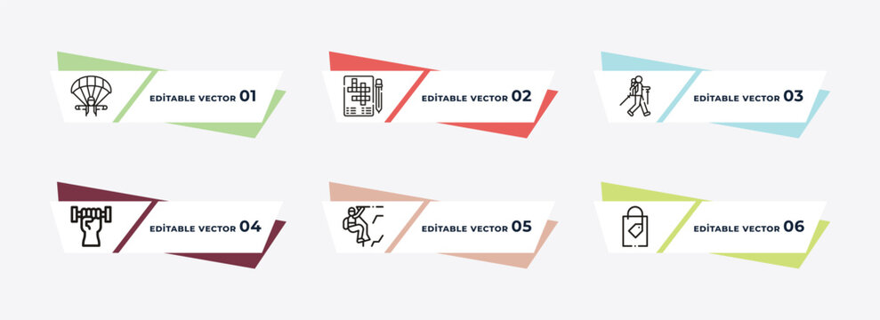 parachuting, crossword, trekking, dumbell, climb, bags outline icons. editable vector from free time concept.