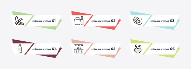 bananas, chinese food box, two eggs, plastic water bottle, cafe bar, vegetarian food outline icons. editable vector from food concept.