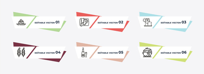 dumpling, butcher, milk shake, brochette, champagne bottle, spices outline icons. editable vector from food concept.