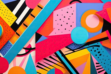 A vibrant and energetic composition of geometric shapes inspired by the Memphis Group style featuring bold colors patterns and playful juxtapositions