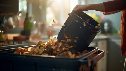 A home composting bin filled with a variety of kitchen scraps, including fruit peels, vegetable trimmings, and other organic food leftovers, promoting sustainable waste management.