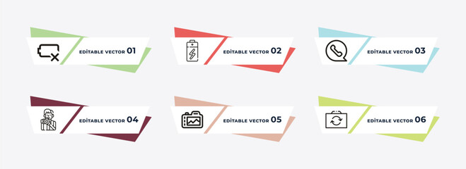 empty battery, battery almost full, pen drive, photogram, camera screen, flip camera outline icons. editable vector from electronic stuff fill concept.