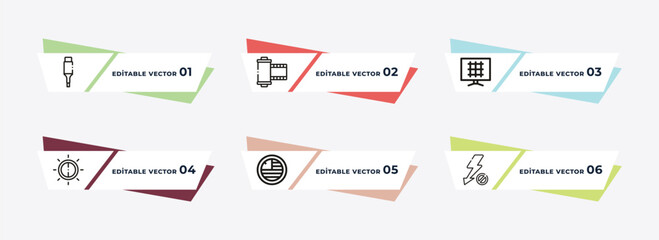 usb cable, film roll, screen grid, brightness option, three quarters, flash outline icons. editable vector from electronic stuff fill concept.