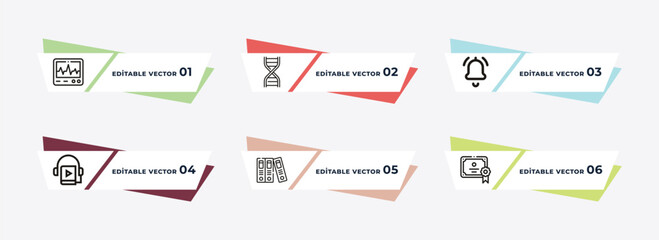 cardiology tool, dna strand, hand bell, audiobook, archives, diploma with a ribbon outline icons. editable vector from education concept.