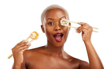 Portrait, black woman and sushi for health, diet or balance on isolated, transparent or png...
