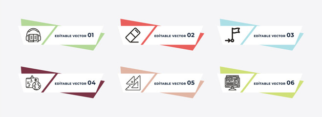 audio book, eraser, flag point, world map, square, educational platform outline icons. editable vector from education concept.