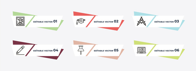 graduation pictures, graduating, draw with compass, geometric pencil, pushpin, educational video outline icons. editable vector from education concept.