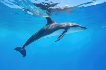 Fotobehang a dolphin jumping high above a clear blue tank © Natalia