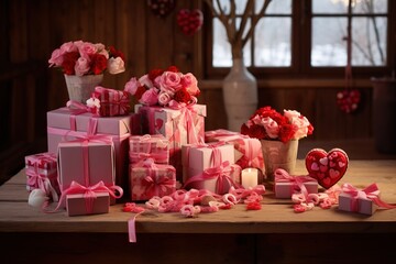 Gift boxes and hearts on wooden table. Valentine's Day background