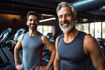 Fototapeta na wymiar Two fit healthy men at the gym, one senior and one young, smiles full of vitality in health