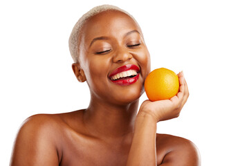 Skincare, orange and happy black woman with fruit on isolated, transparent or png background....
