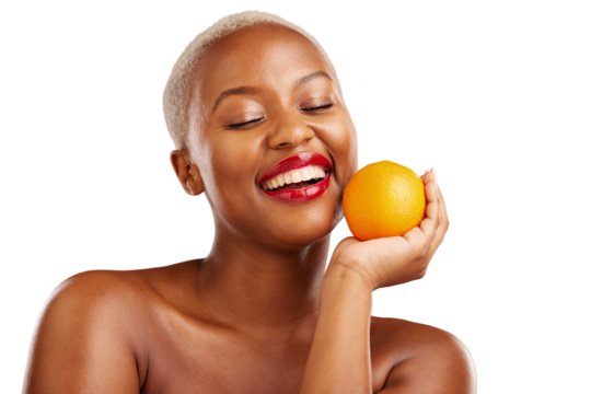 Skincare, orange and happy black woman with fruit on isolated, transparent or png background. Citrus, face and African female model smile for skin, detox or weight loss, nutrition or healthy snack