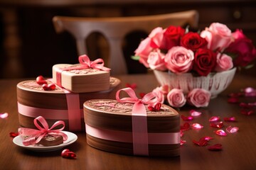 Gift boxes and hearts on wooden table. Valentine's Day background