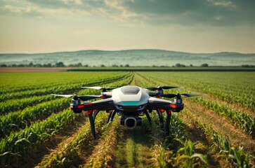 Drone quadcopter with digital camera flying over a corn field