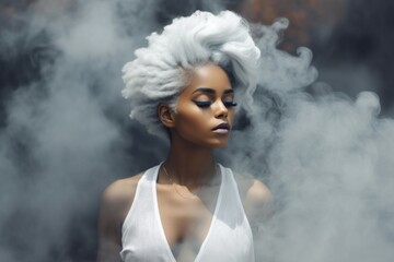 Afro girl grey hair. Female art beauty portrait care. Generate Ai