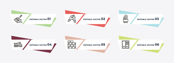 sweeping broom, home key, hex key, dump truck, brickwall, big clo outline icons. editable vector from construction concept.