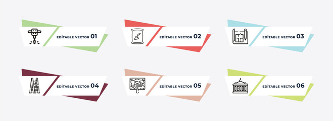 hydraulic breaker, cement, house plan, double ladder, man painting, derrick with load outline icons. editable vector from construction concept.