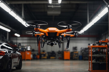Drone quadcopter with digital camera in warehouse. Modern technology and innovation concept