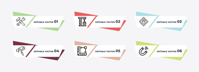 round wrench, derrick facing right, working, roller and paint, angle ruler, inclined outline icons. editable vector from construction concept.