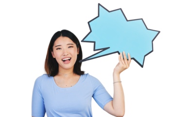 Woman, portrait and speech bubble for communication or social media mockup, information or isolated transparent png background. Asian person, face and smile for text space or brand, opinion for voice