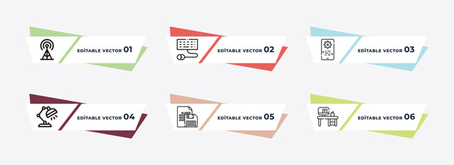 wireless connectivity, classroom keyboard, develope, study lamp, save file, workstation outline icons. editable vector from computer concept.