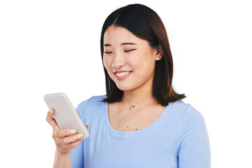 Woman, smile and typing on phone, communication and connection or message, funny joke and comedy. Happy asian person, smartphone and laughing or humor, meme and isolated on transparent png background