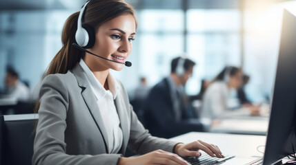 Customer service executive is working at the office. In headphones