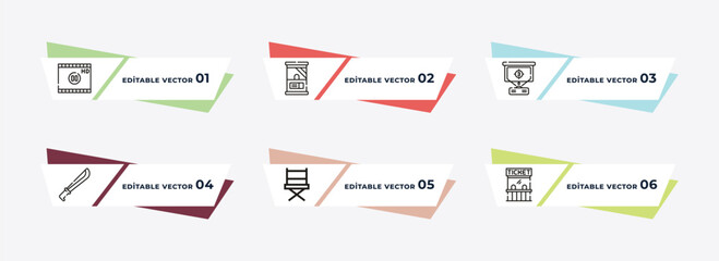 movie player, ticket window, projector screen, hete, film director, ticket office outline icons. editable vector from cinema concept.
