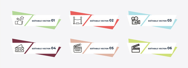 theatre seats, projector with plug, movie theatre, trophy with a star, cinema clapperboard, movie camera outline icons. editable vector from cinema concept.