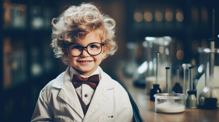 Cute little boy as scientist in a laboratory, portrait - obrazy, fototapety, plakaty