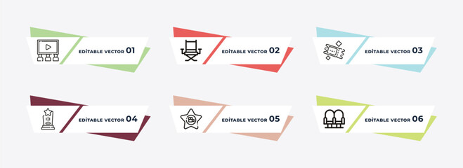 cinema audience, director film chair, television with antenna, smoothie with straw, famous cinema star, theatre screen outline icons. editable vector from cinema concept.