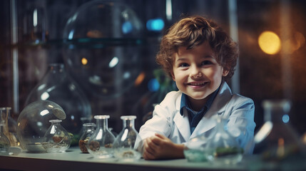 Cute little boy as scientist in a laboratory, portrait