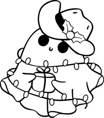 Christmas Cowboy Ghost outline, Kawaii cartoon hand drawing