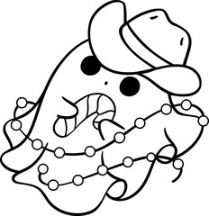Christmas Cowboy Ghost outline, Kawaii cartoon hand drawing