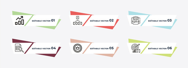 quarter pie chart, american dollar bill, globe analytics, boss reading a document, money investment, men couple outline icons. editable vector from business concept.