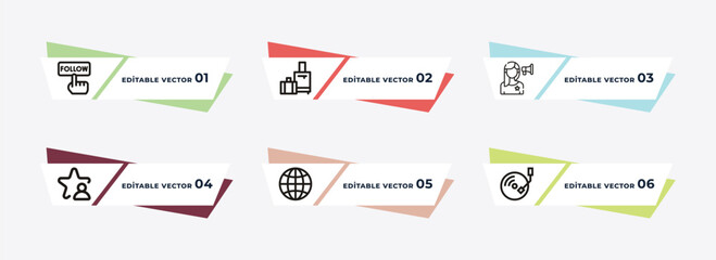 follow, suitcase, influencer, fame, world, vinyl outline icons. editable vector from blogger and influencer concept.