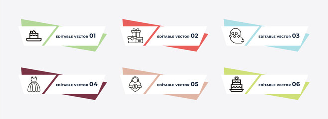 cake slice, wedding planner, halloween, wedding dress, love lock, wedding cake outline icons. editable vector from birthday and party concept.