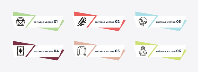 picnic basket, tree branch, rowan, rye, sweater, raincoat outline icons. editable vector from autumn concept.