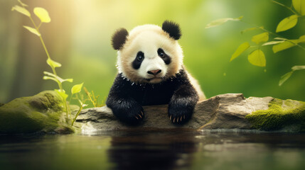 Cute panda animal on natural background