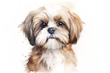 Generative AI : Shih tzu watercolor portrait painting illustrated dog puppy