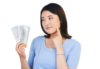 Woman, money and winner thinking of bonus offer, planning financial success and dollar loan. Asian person, customer and cash ideas, savings decision or profit isolated on a transparent png background