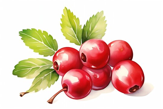 Generative AI : Hand drawn watercolor painting cranberry on white background. 