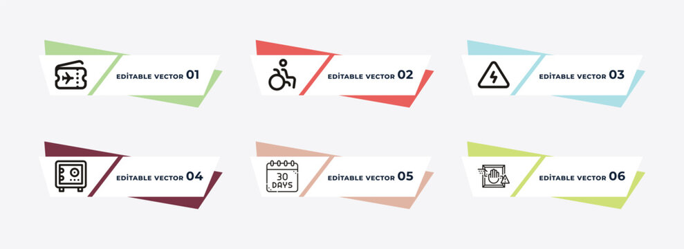 two plane tickets, disable, high voltage, big safe box, calendar day thirty, security control outline icons. editable vector from airport terminal concept.