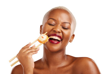 Obraz na płótnie Canvas Face, laugh and woman with chopsticks for sushi, healthy eating and beauty with nutrition food. Black person, model and makeup with glow for seafood lunch and isolated on transparent png background