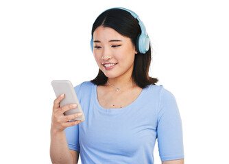 Smile, headphones and woman or music, phone and streaming radio or isolated on transparent png...