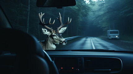 Deer crossing the road during the night, view from the car - obrazy, fototapety, plakaty