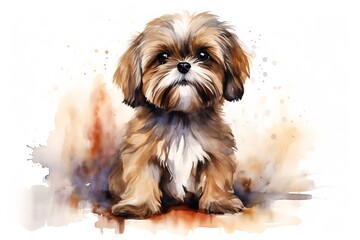 Naklejka na ściany i meble Generative AI : Shih tzu watercolor portrait painting illustrated dog puppy