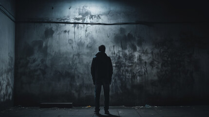 Back view of man that is standing in a dark corridor of a building